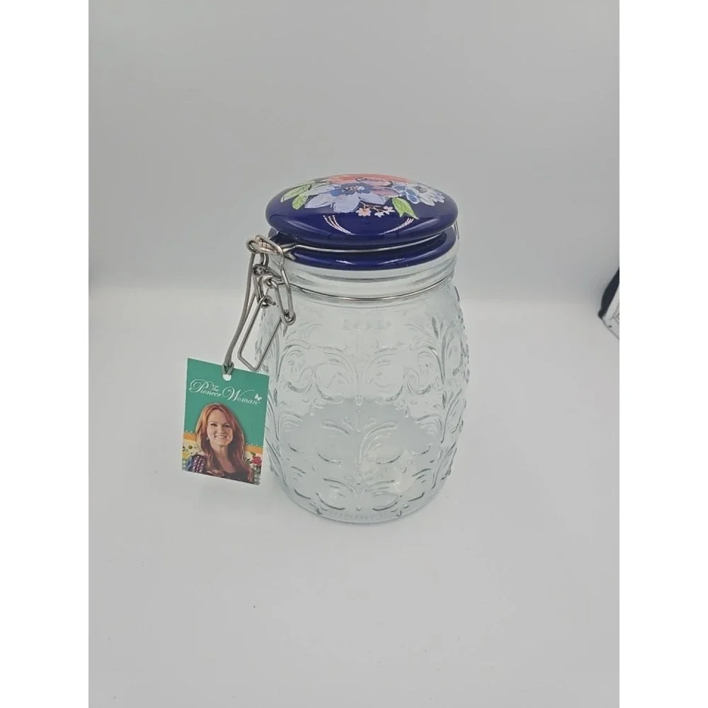 Pioneer‎ Woman Embossed Glass Jar Clamped Floral Blue Lid 63oz Storage Container
